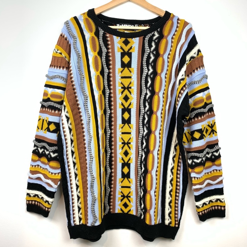 3D Knit Sweater Men’s Coogi Style 2-minds Sz XL Grandpacore Multicolor Abstract